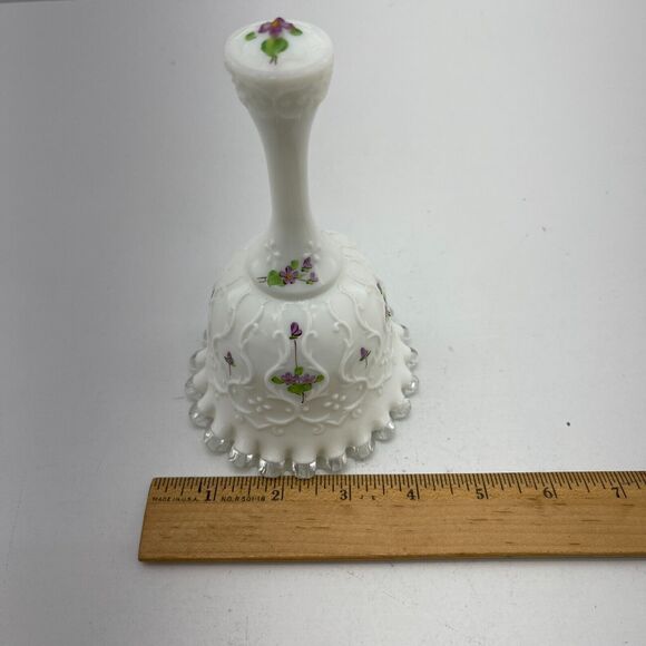 Fenton Glass Bell Silver Crest Hand Painted Floral Ruffled Edge by Kim Blake - Picture 8 of 9